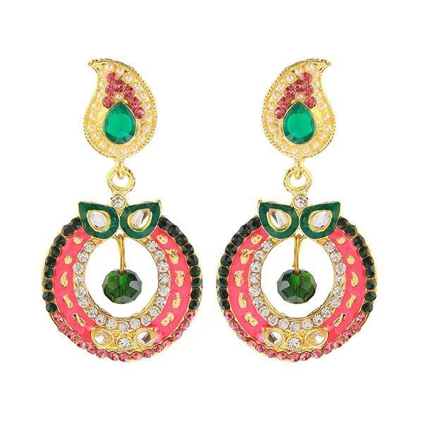 women eco-friendly earrings -Kriaa Pink And Green Meenakari Gold Plated Dangler Earrings - 1304613