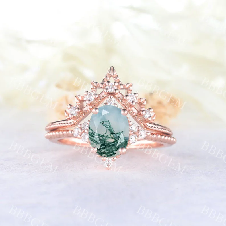 women platinum solitaire engagement rings -Oval Cut Moss Agate Engagement Ring 1.5CT Rose Gold Diamonds Matching Band