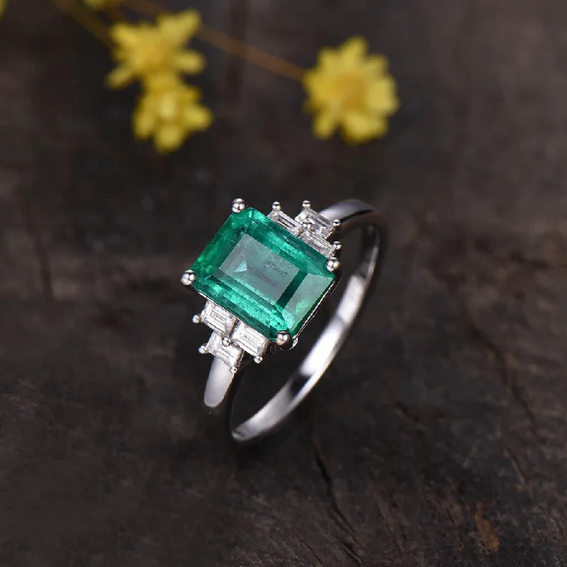 women luxury halo engagement rings -Solitaire Natural Emerald Cut Emerald And Baguette Cut Diamond Engagement Ring