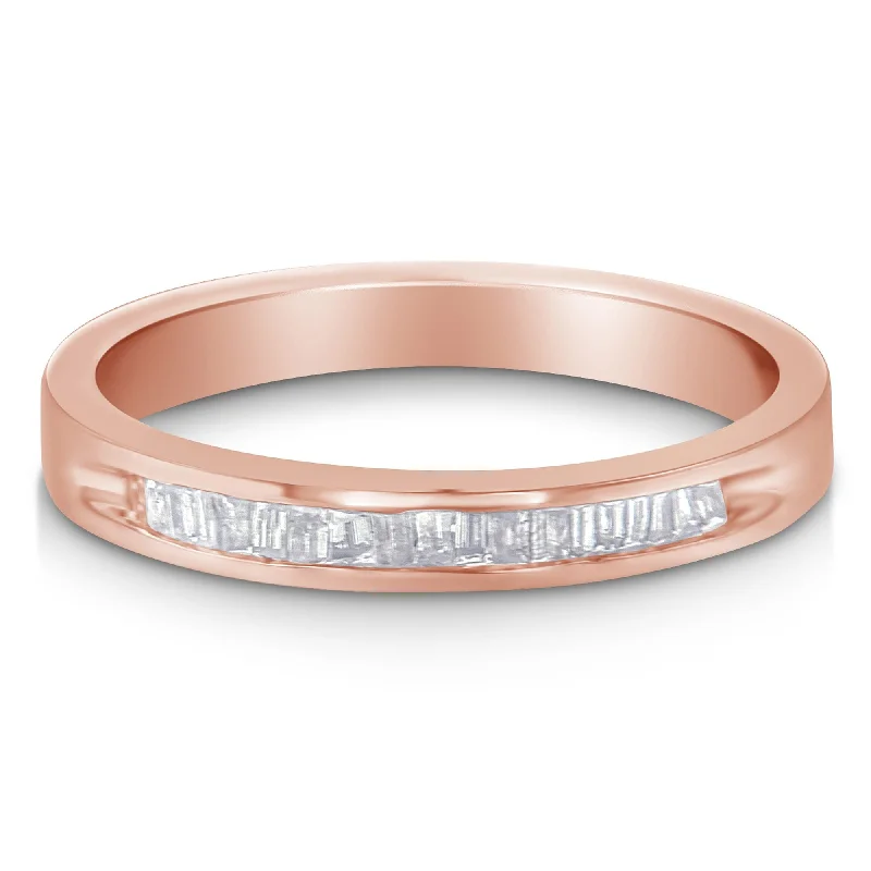 women double band engagement rings -10K Rose Gold over .925 Sterling Silver 1/5 Cttw Diamond Channel-Set Stackable Band Ring