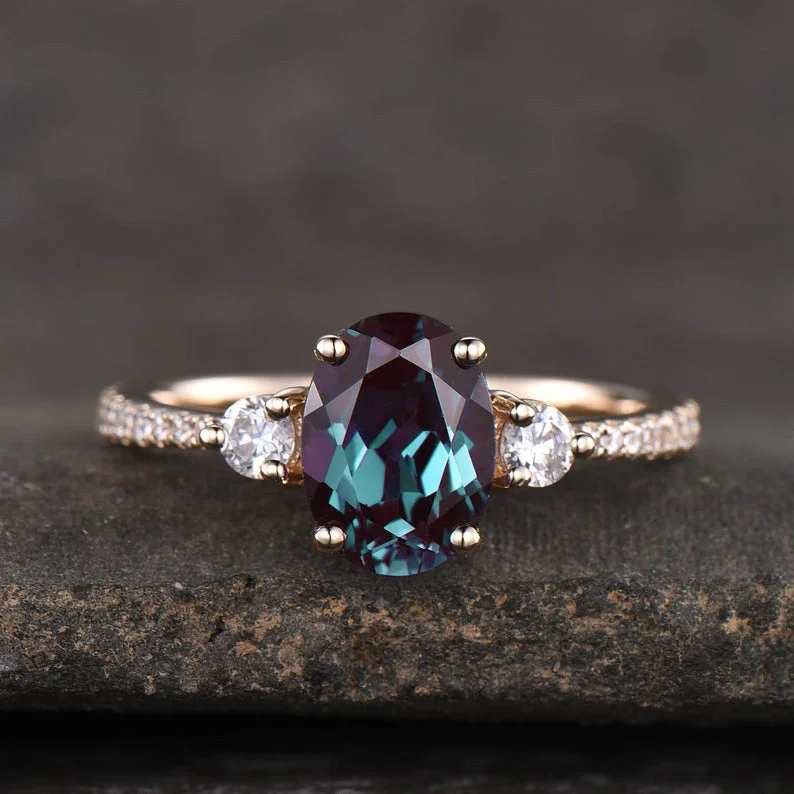 women birthstone engagement rings -Three Stone Color Changed Lab Oval Alexandrite Engagement Ring