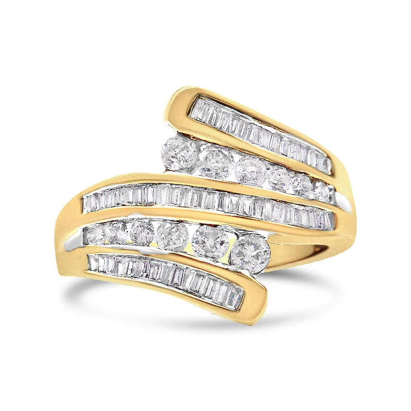 women trendy engagement rings -10K Yellow Gold 1 Cttw Round and Baguette-Cut Diamond Multi Row Bypass Ring Band