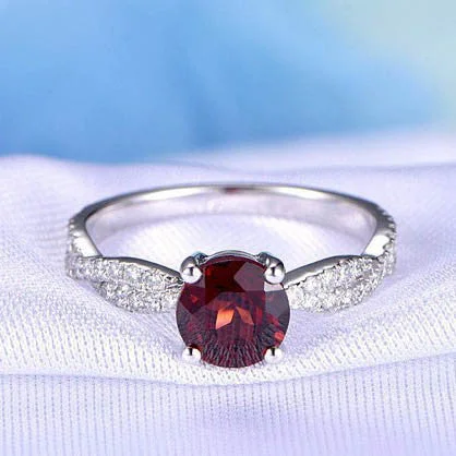 women solitaire engagement rings -Garnet Engagement Ring 6.5mm Round Cut Garnet Ring Twisted Diamond Diamond Wedding Band Solid 14k White Gold Prongs Set Promise Ring