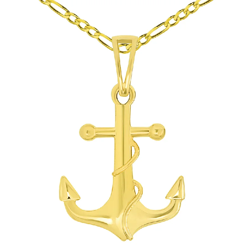 women luxury diamond necklaces -Solid 14k Yellow Gold Maritime Anchor with Rope Pendant Necklace Available with Figaro Chain Necklaces