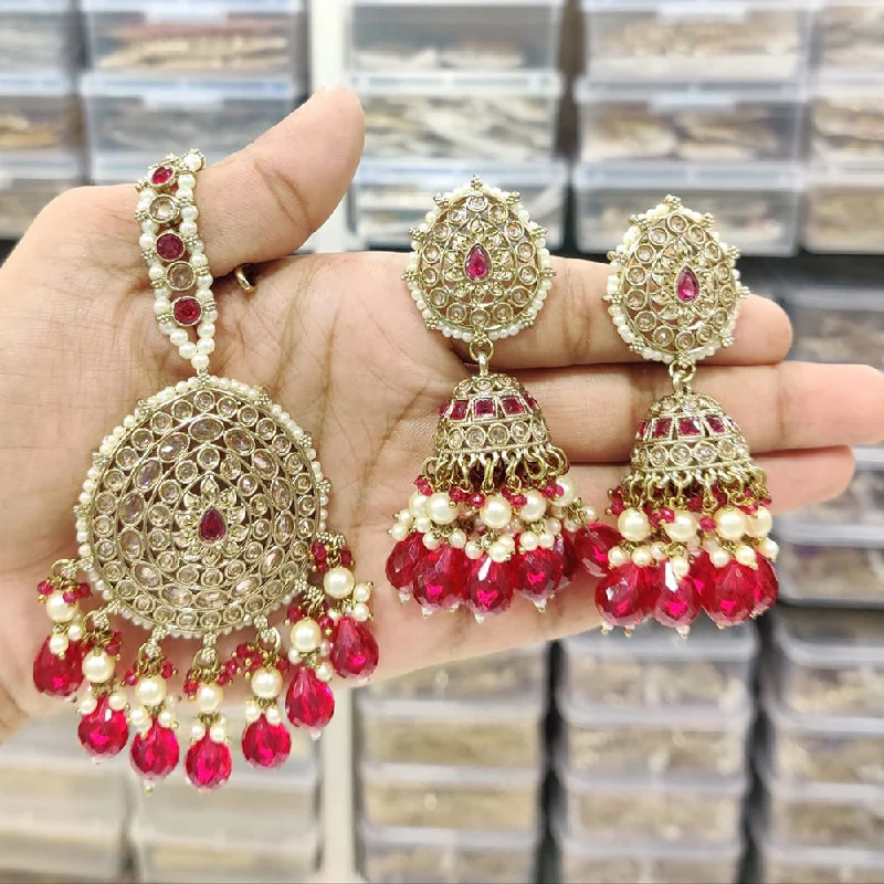 women chandelier earrings -Anjali Jewellery Gold Plated Crystal Stone And Pearls Jhumki Earrings With Maangtikka