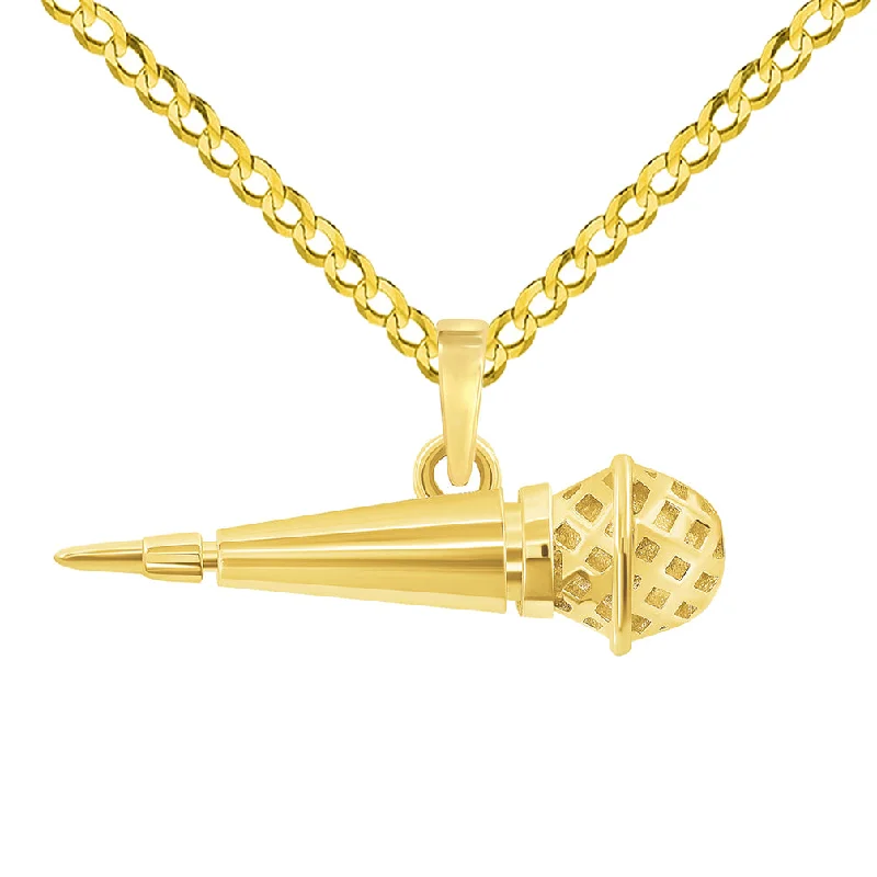 women statement gold necklaces -14k Yellow Gold Dynamic Microphone Charm Musical Instrument Pendant with Cuban Curb Chain Necklace