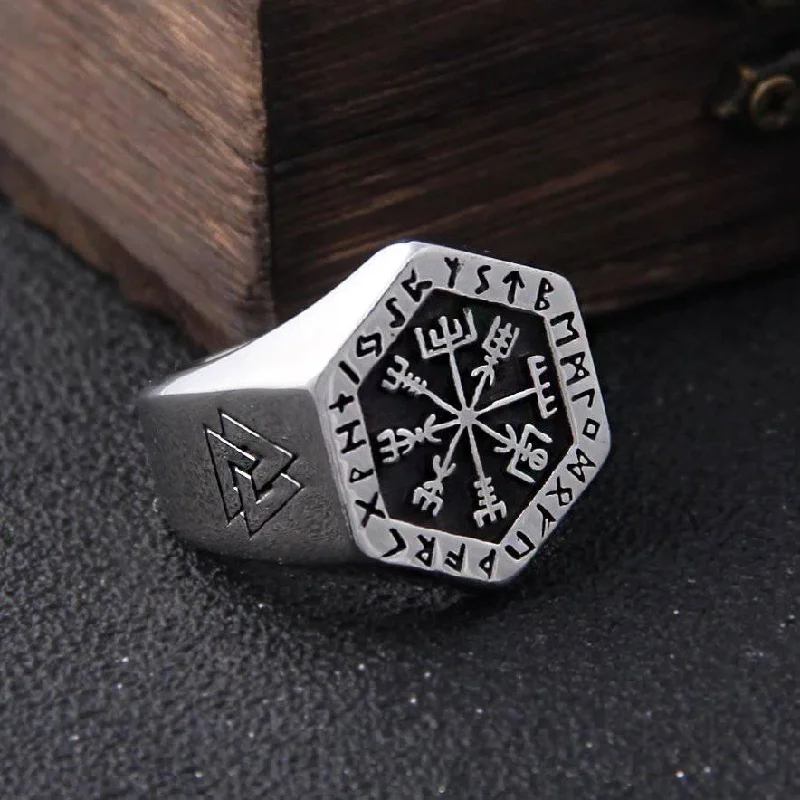 women oval diamond rings -Vegvisir Runed Compass Ring - Stainless Steel