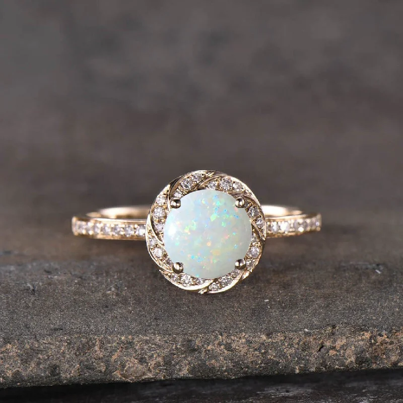 women vintage gold engagement rings -Fire White Opal Engagement Ring Diamond Opal Halo Ring