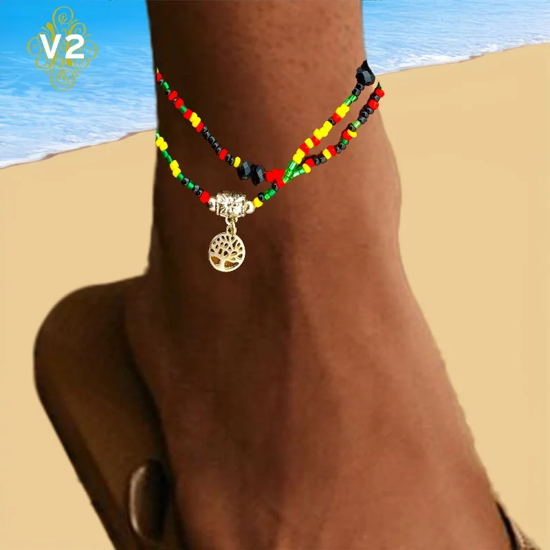 women leather bangles -Ladies Rasta Anklet Glass Beads Bracelet Reggae Jamaica Hawaii Adjustable 2-3 MM