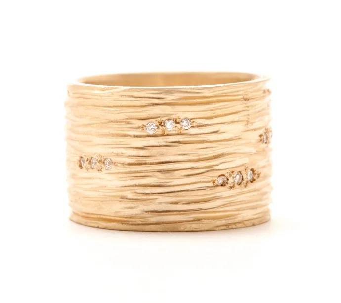 women yellow gold rings -Wide Carved Lines With Pave Set Diamonds Band by Rebecca Overmann