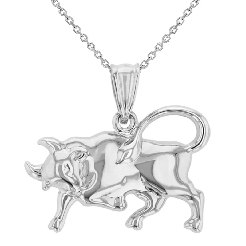 women butterfly necklaces -High Polish 14k White Gold 3D Taurus Zodiac Sign Bull Animal Pendant Necklace