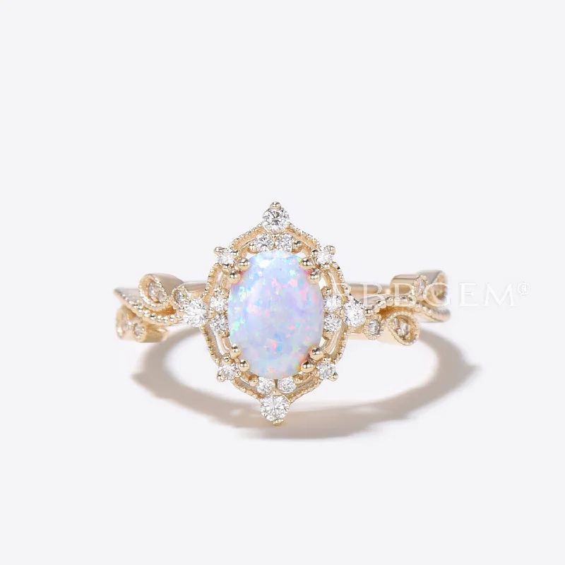 women floral engagement rings -White Opal Ring 14k Yellow Gold Opal Engagement Ring Diamond Wedding Band Filigree Milgrain Bridal Jewelry