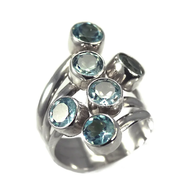 women princess cut rings -Sterling Silver Ring With Six Round Blue Topaz Stones