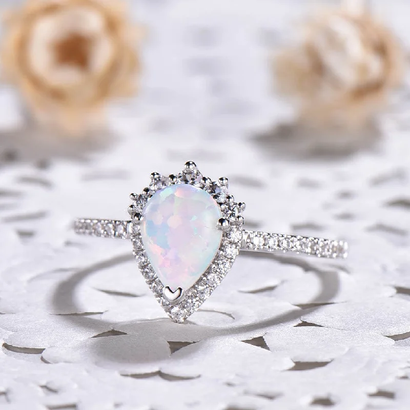 women rose gold engagement rings -14K/18K Pear Shaped Vintage Opal Diamond Halo Engagement Ring White Gold