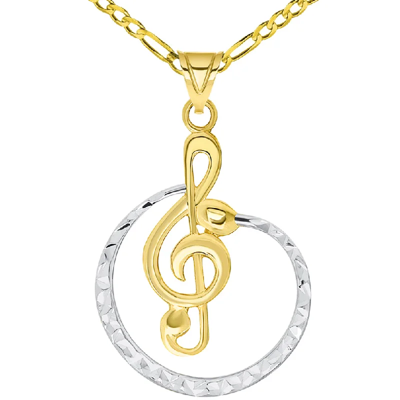 women short necklaces -14k Yellow Gold Textured Two Tone Cirlce G Clef Charm Musical Note Pendant Available with Figaro Chain