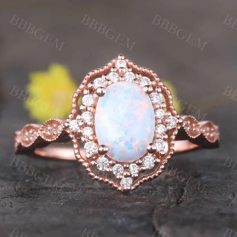 women alternative engagement rings -Floral Vintage Opal Engagement Ring Rose Gold Art Deco Ring Women Scalloped Diamond Eternity Band