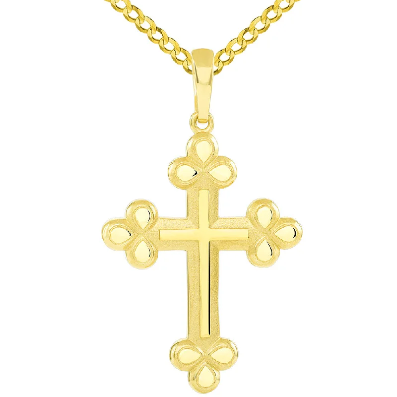 women trendy gold necklaces -14k Yellow Gold Polished and Matte Finish Christian Eastern Orthodox Cross Pendant with Cuban Necklace