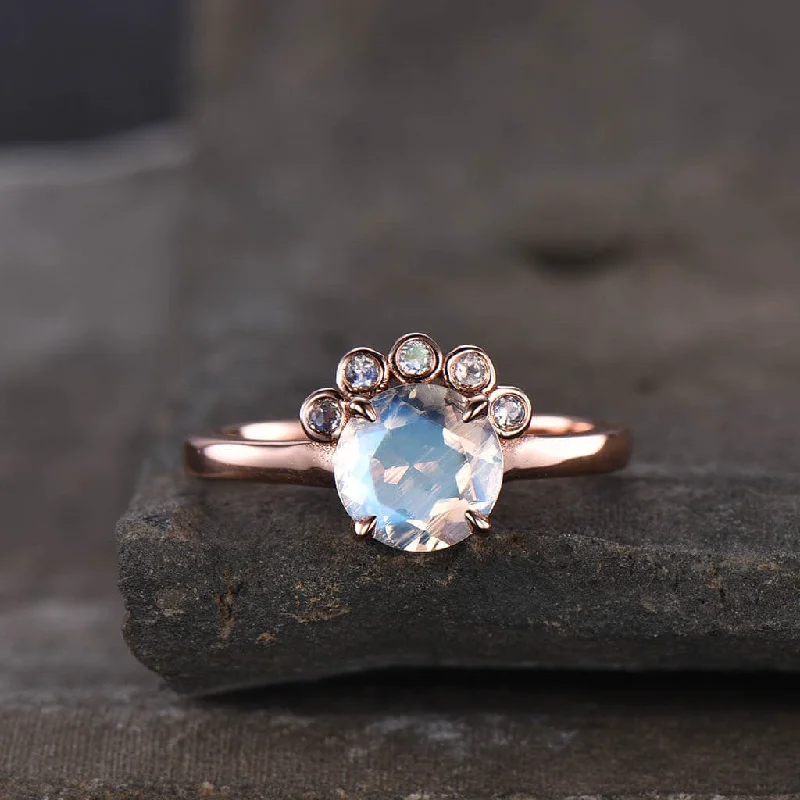 women engagement rings with matching bands -Floral Rainbow Moonstone Engagement Ring Five Stones