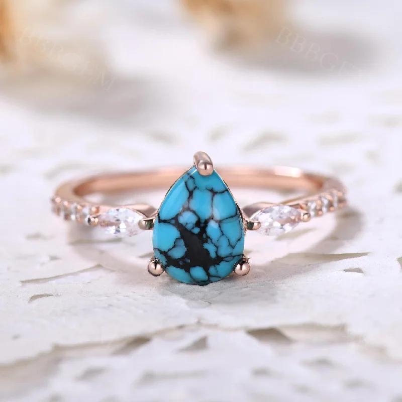 women platinum solitaire engagement rings -Turquoise Rose Gold Engagement Ring Art Deco Promise Ring Gift For Her