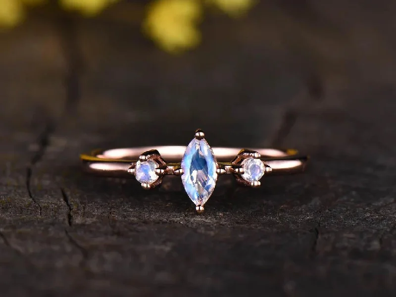 women unique engagement rings -Marquise Moonstone Engagement Ring rose gold three stone moonstone ring