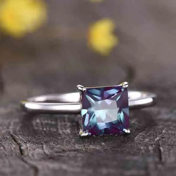 women three-stone engagement rings -Princess Cut Alexandrite Engagement Ring, 14K White Gold Ring, Solitaire Ring, June Birthstone