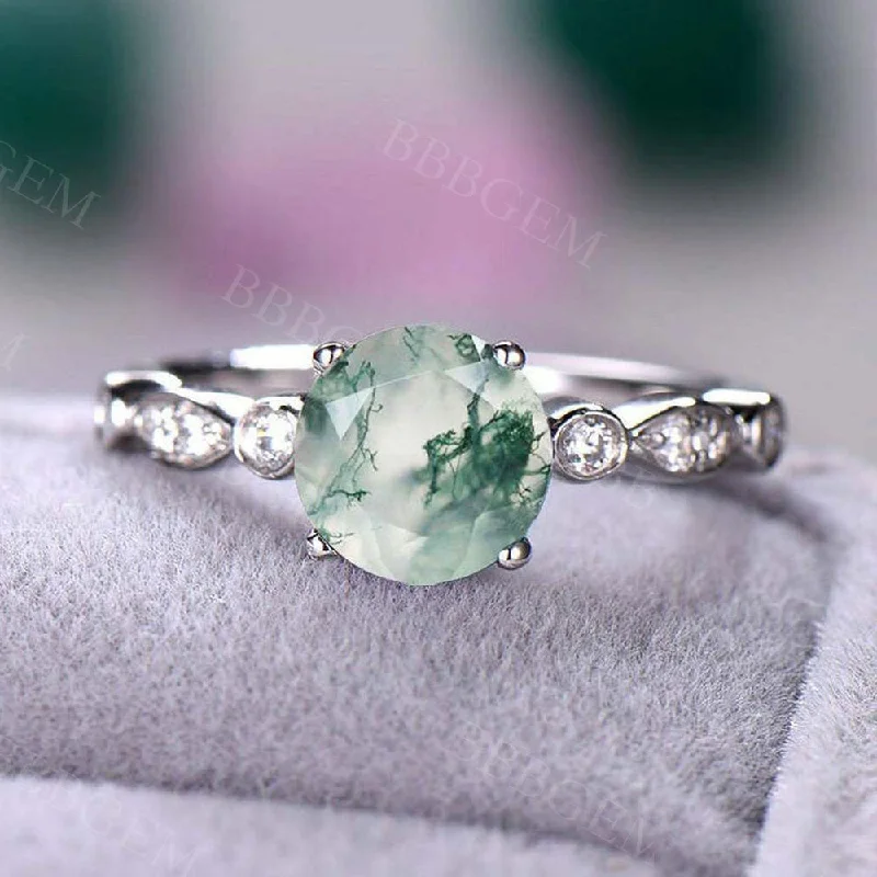 women cushion engagement rings -Moss Agate White Gold Diamond Engagement Ring Solitaire Ring