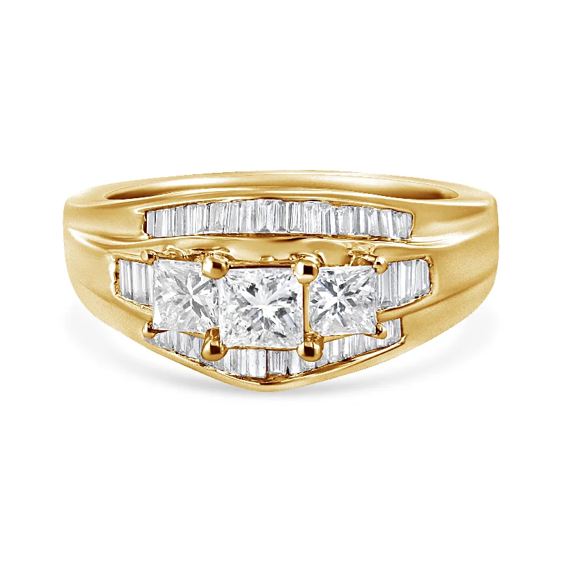 women cushion engagement rings -14K Yellow Gold 1 1/2 Cttw Princess and Baguette-Cut Diamond 3-Stone Ring