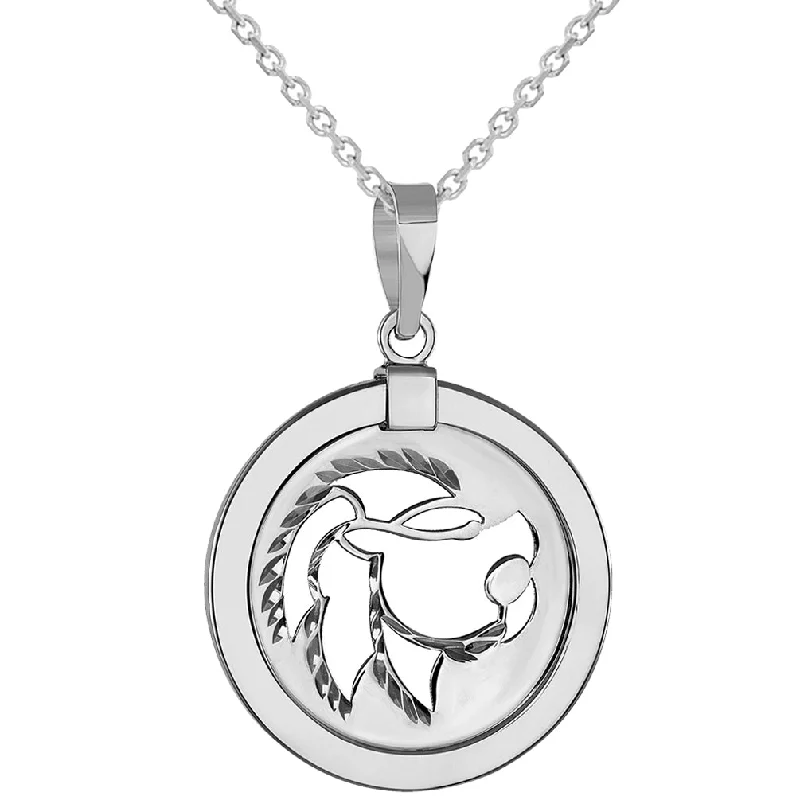 women gemstone drop necklaces -14k White Gold Round Leo Zodiac Sign Lion Animal Medallion Pendant Necklace (Reversible)