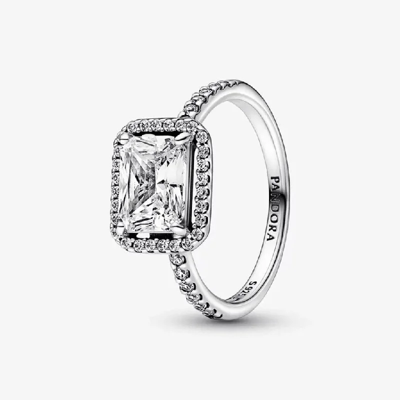 women chic rings -PANDORA : Rectangular Sparkling Halo Ring