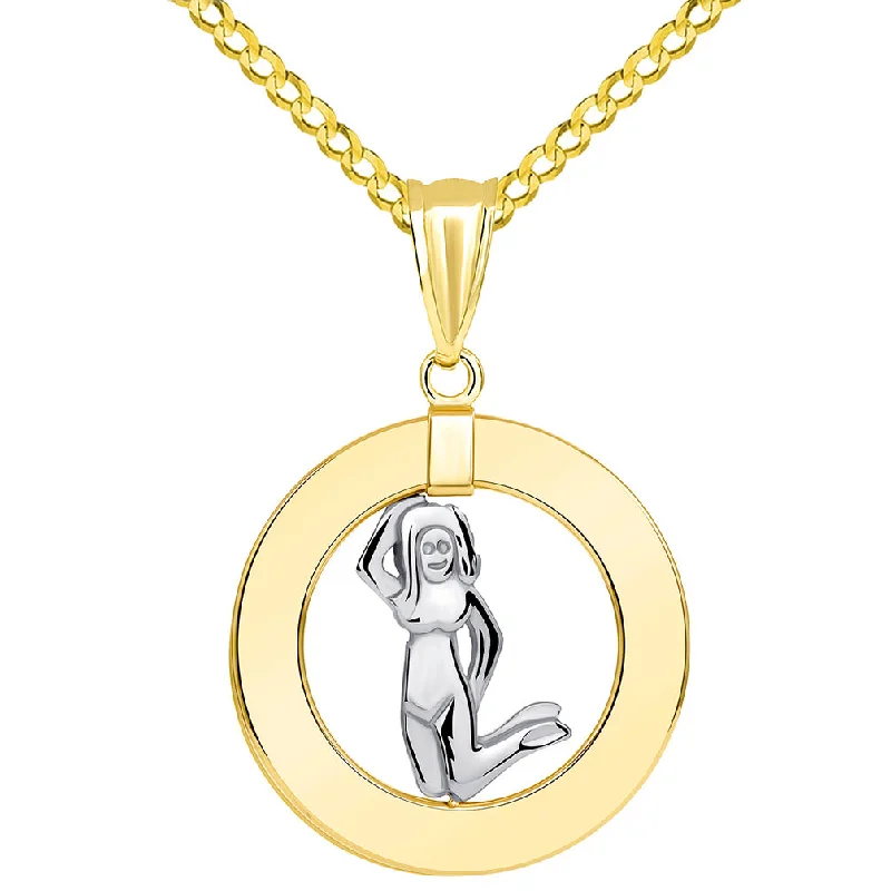 women luxury diamond necklaces -14k Two Tone Gold Open Circle Virgo Zodiac Sign Pendant Cuban Necklace