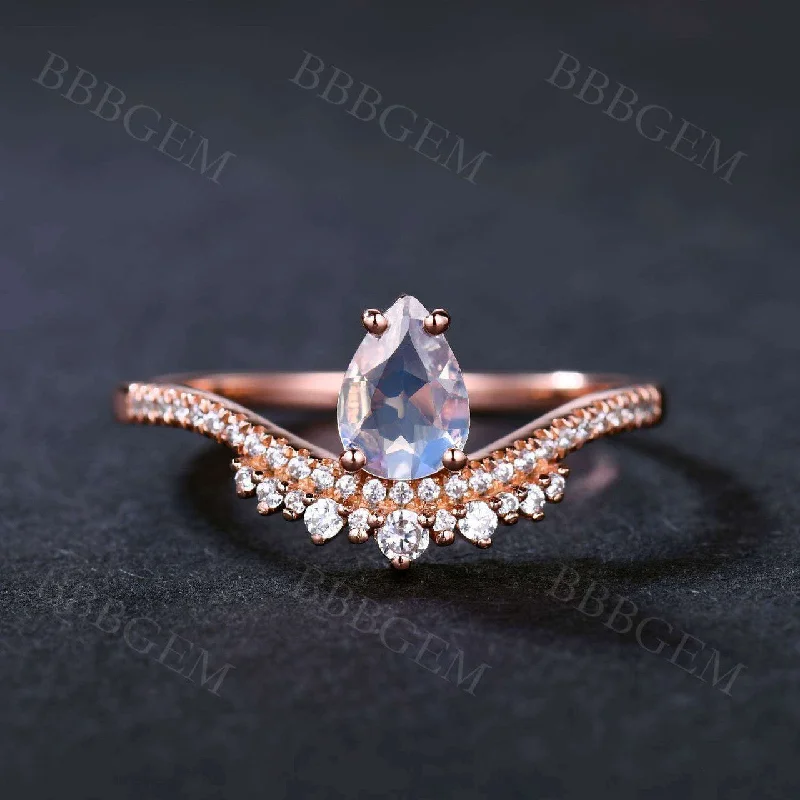 women engagement rings with matching bands -Solitaire Retro Silver Moonstone Engagement Ring Unique Rose Gold CZ Diamond Art Deco