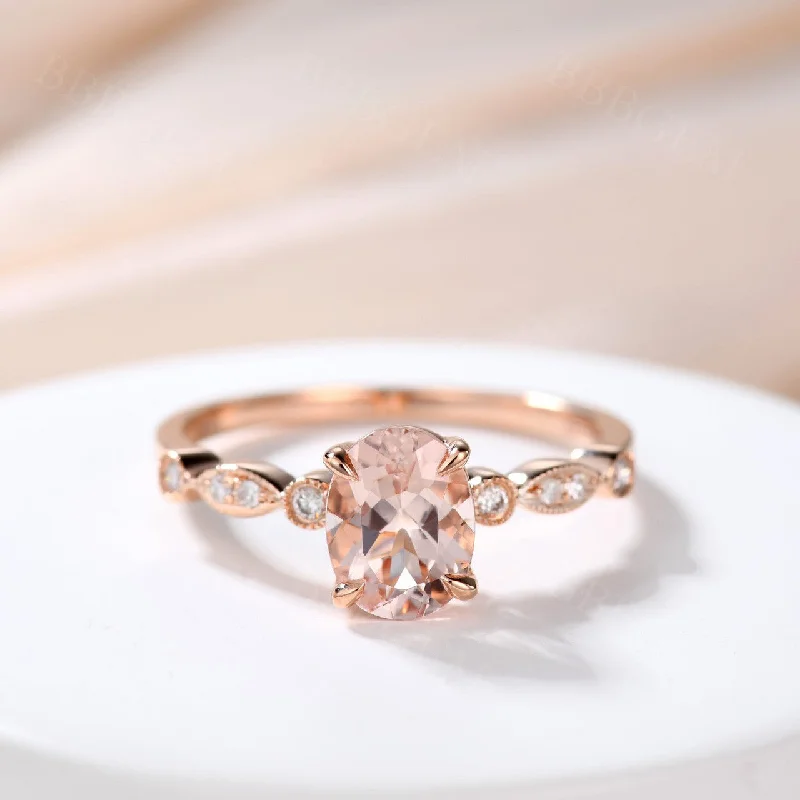 women diamond solitaire engagement rings -Pink Oval Morganite Engagement Ring 14k Rose gold Milgrain design