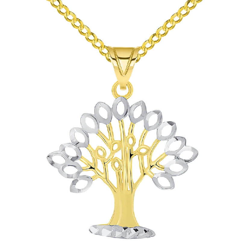 women star pendant necklaces -14k Yellow Gold Solid and Textured Tree of Life Two-Tone Pendant Necklace with Curb Chain