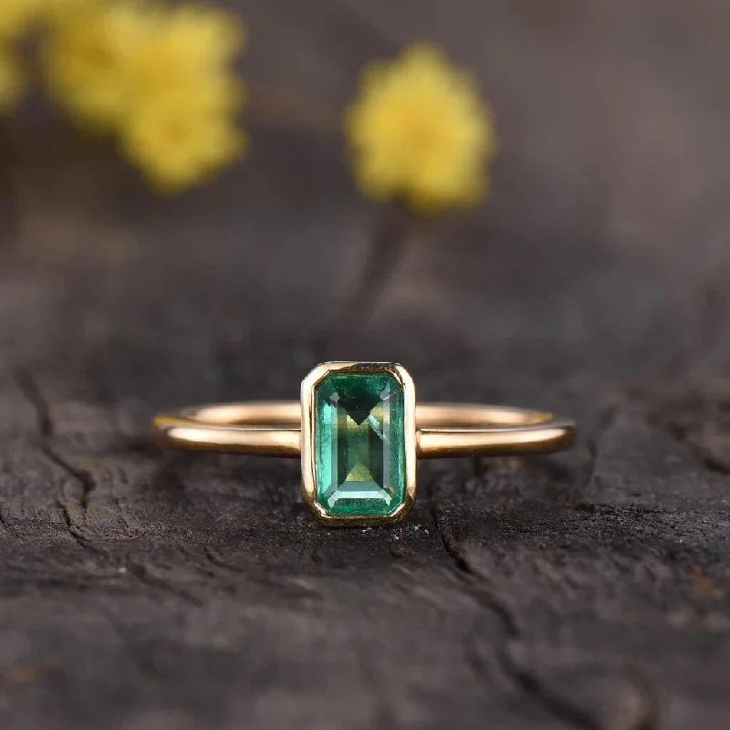 women sterling silver engagement rings -Solitaire Natural Emerald Cut Emerald Engagement Ring