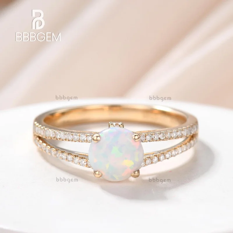 women platinum solitaire engagement rings -Vintage Opal Engagement Ring Split Shank Round Cut Opal Wedding Ring Rose Gold