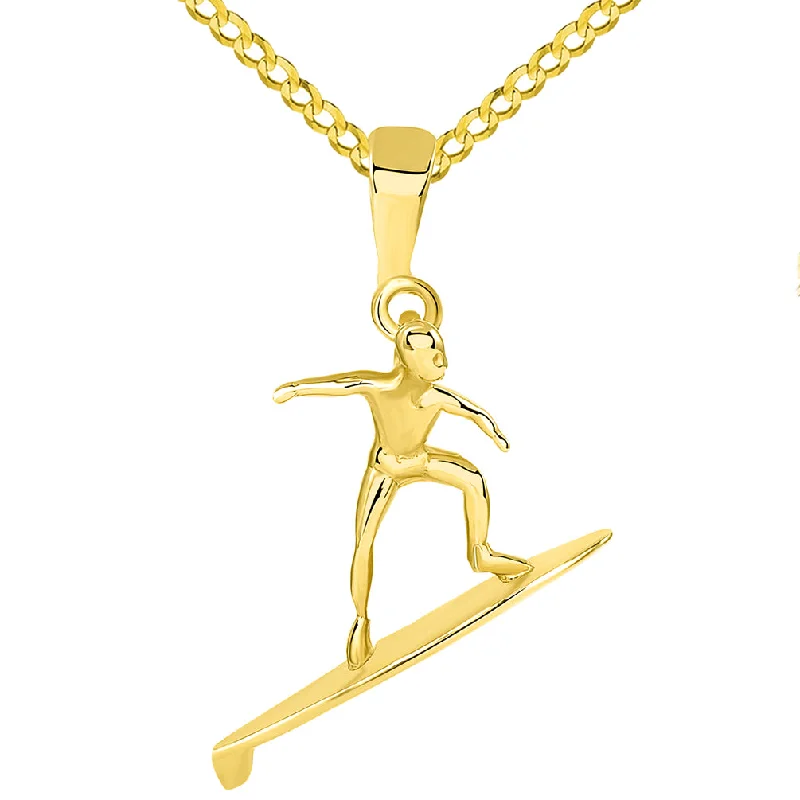 women moon necklaces -Solid 14k Yellow Gold Surfer Surfing on Surfboard Pendant Cuban Necklace