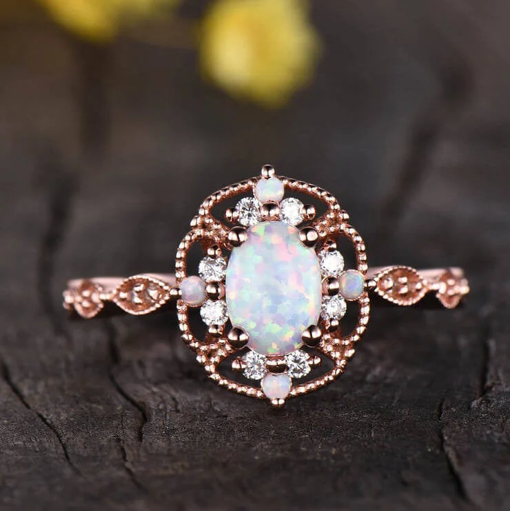 women cushion cut diamond engagement rings -14K/18K Vintage Filigree Opal Engagement Ring