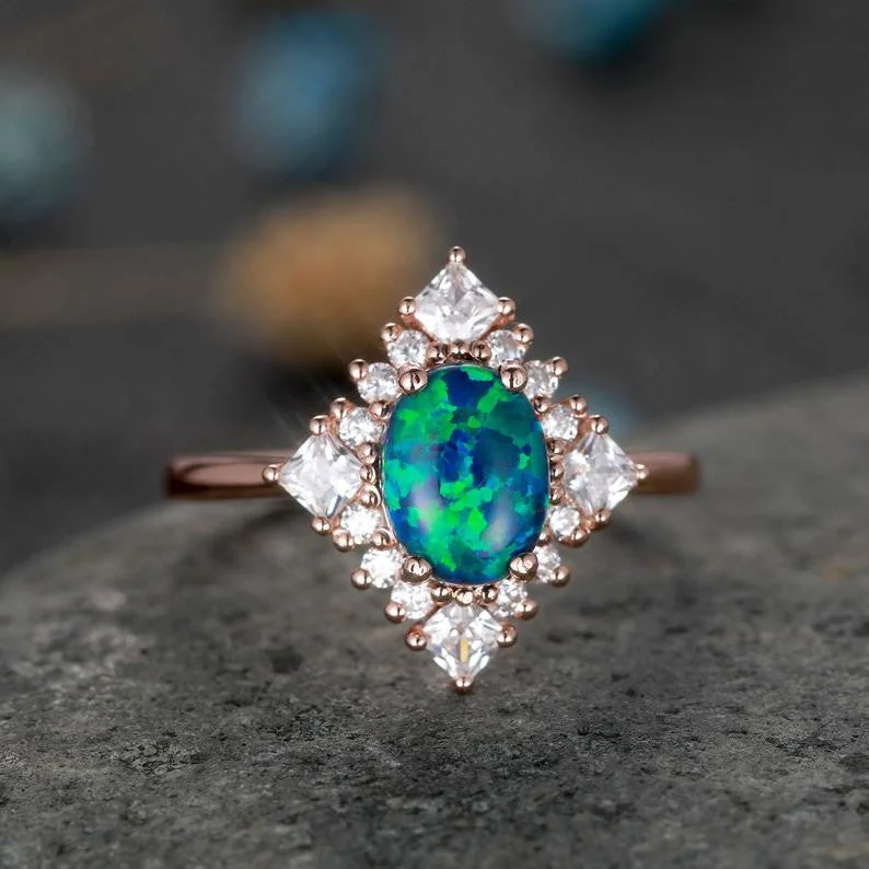 women alternative engagement rings -Vintage  Black Female Opal Diamond Engagement Ring Fancy