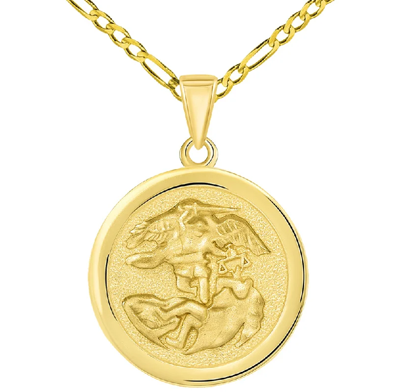 women boho necklaces -Solid 14k Yellow Gold Round Saint Michael the Archangel Medallion Pendant with Figaro Chain Necklace