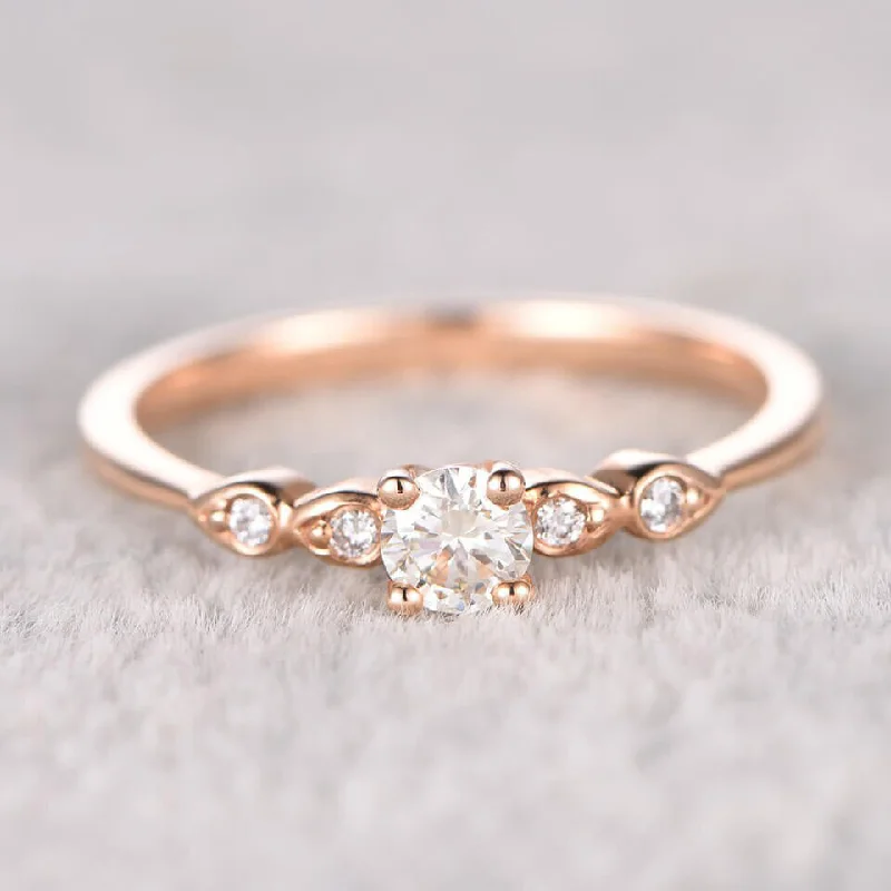 women modern solitaire engagement rings -5mm Round Moissanite Engagement Ring Diamond Wedding Ring 14k Rose Gold Milgrain Antique Style