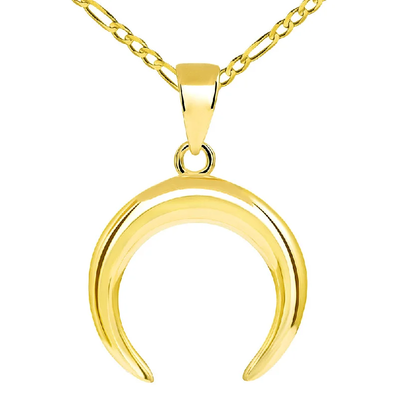 women bridal necklaces -14k Yellow Gold Double Horn High Polished Crescent Moon Pendant with Figaro Chain Necklace