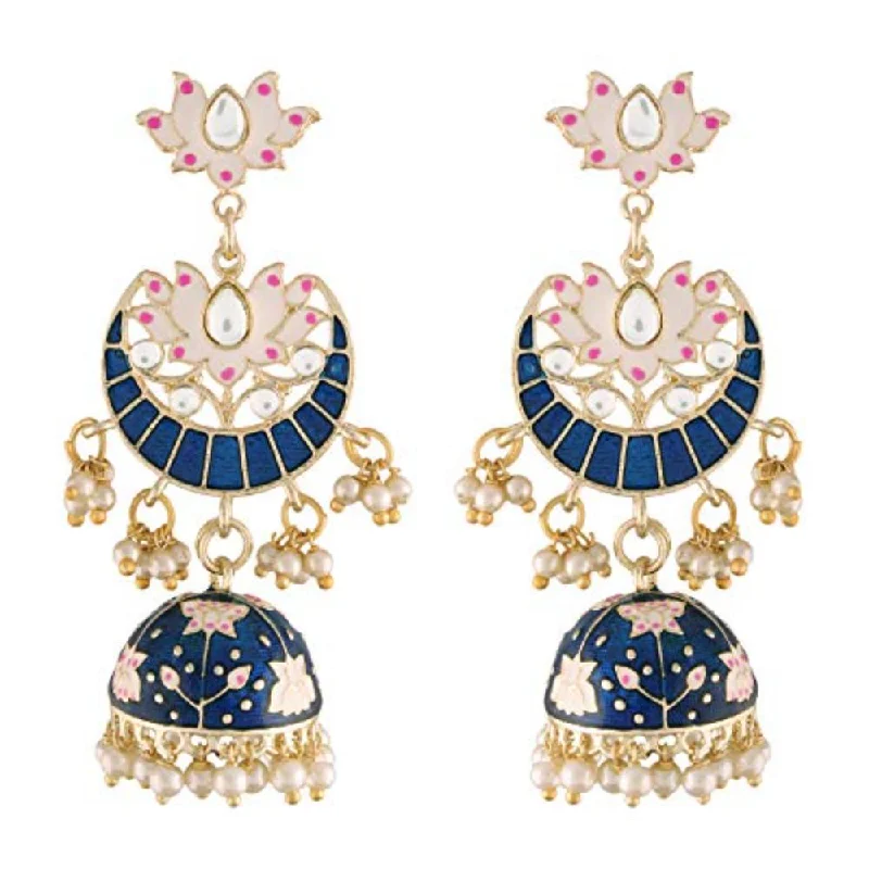 women geometric earrings -Etnico 18K Gold Plated Traditional Floral Kundan Studded Blue Meenakari Jhumka Earrings For Women (E2912Bl)