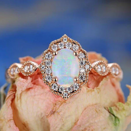 women custom wedding rings -Vintage Floral Oval Cut Opal Engagement Ring Halo Rose Gold Marquise 1/4 Diamond Band