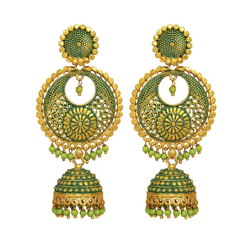 women ear cuff earrings -Mahi Green Meenakari Work Enamelled Artificial Pearl Dangle Jhumka Earrings for Women (ER1109719GGre)