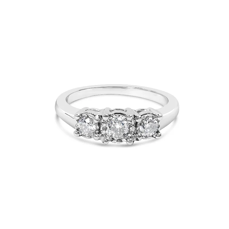 women unique wedding engagement rings -14K White Gold 1/2 Cttw Miracle Set Round Lab Grown Diamond Three Stone Illusion Plate Ring