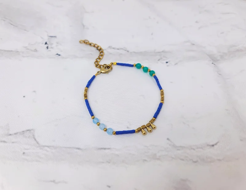 women custom engraved bangles -Blue & Gold Droplet Bracelet