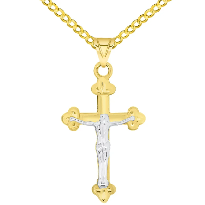 women gemstone pendant necklaces -14k Solid Yellow Gold Christian Trefoil Cross Two Tone Crucifix Pendant Necklace Available with Curb Chain