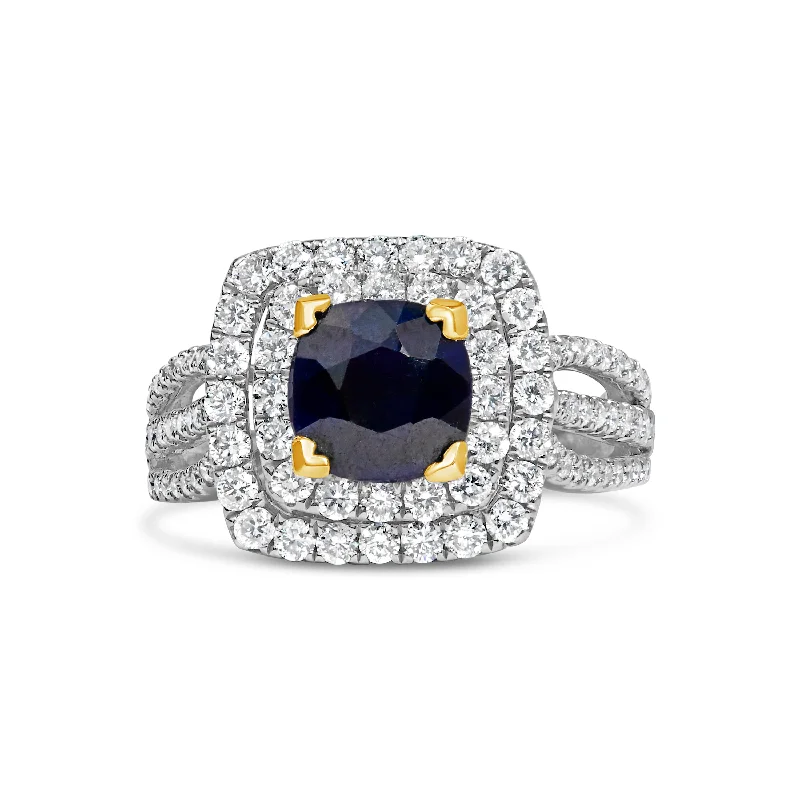 women yellow gold engagement rings -14K White Gold 7X7 Round Blue Sapphire 1 1/2 Cttw Diamond Halo Engagement Ring