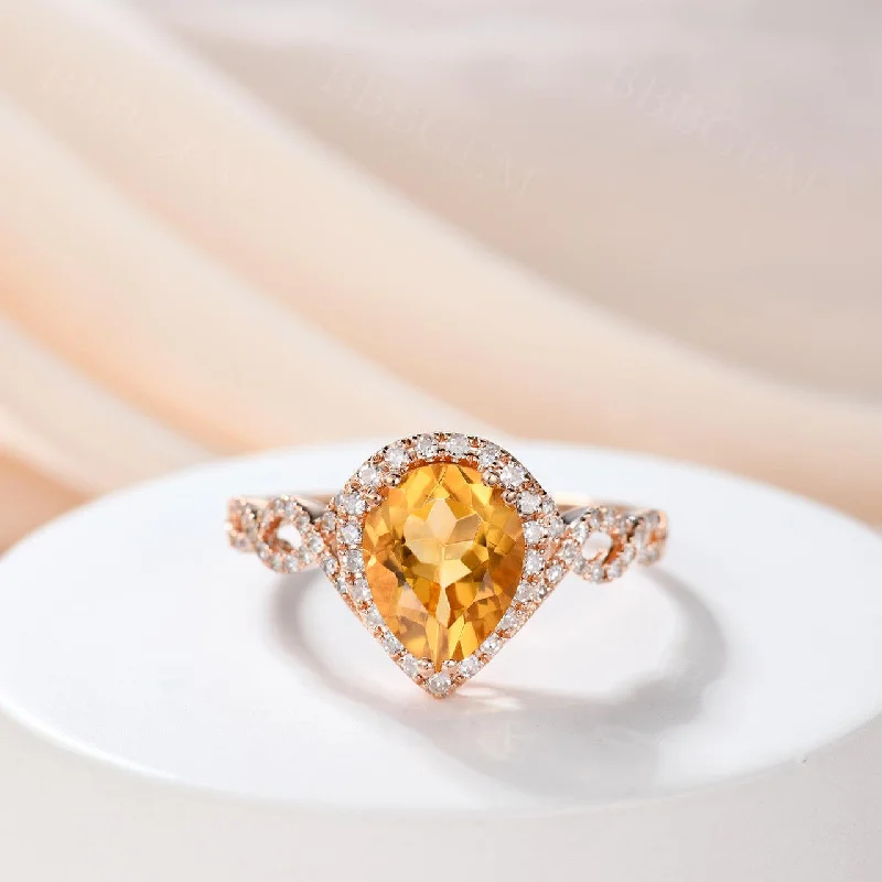 women birthstone engagement rings -Yellow Citrine engagement ring-Solid 14k White gold-handmade diamond ring-Halo Pear cut citrine ring -6x9mm birthstone promise ring for her