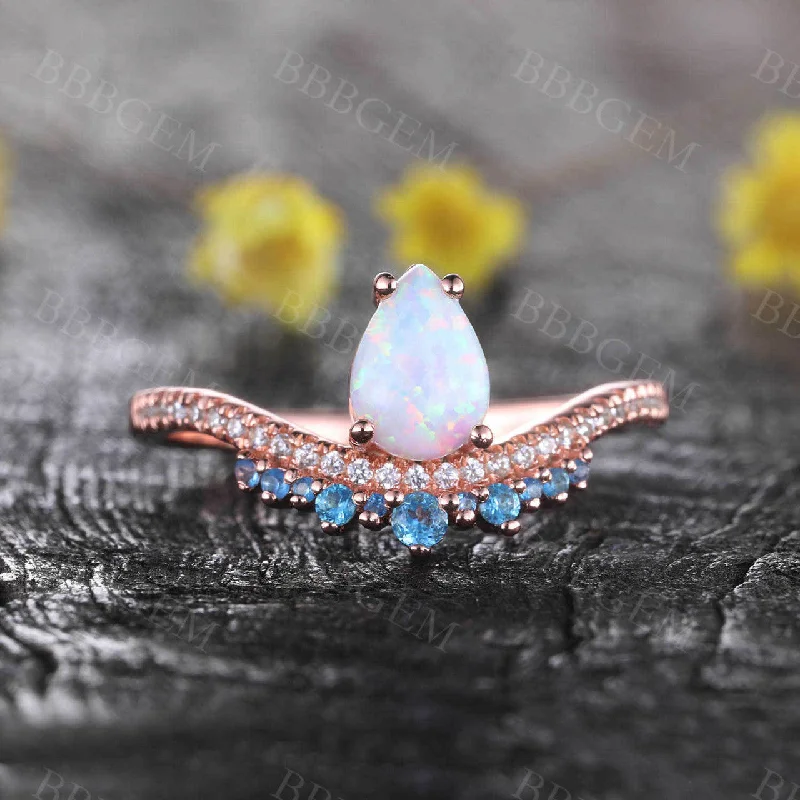 women vintage diamond engagement rings -White Opal Diamond Engagement Ring Blue Topaz Ring October Birthstone Promise Anniversary Gift